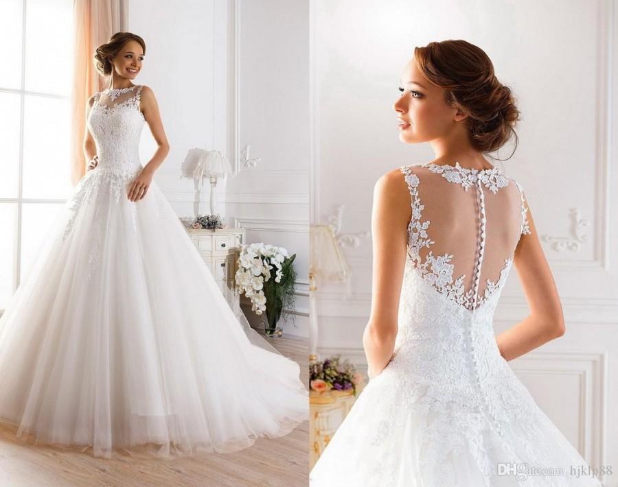 Wedding - 2015 Sexy Illusion Jewel Neckline A-Line Sheer Wedding Dresses Beaded Lace Fluffy Backless Wedding Gowns Princess Ball Gown Wedding Dresses, $108.85 