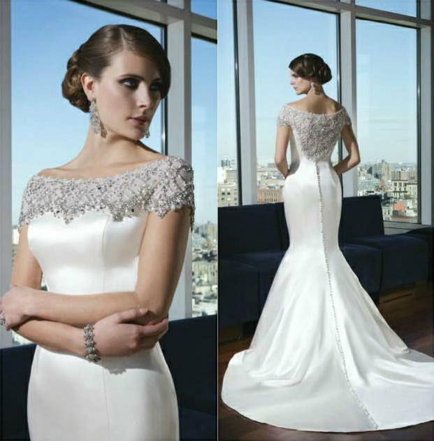 زفاف - 2014 Mermaid Satin Wedding Dresses Portrait New Sexy Sheer Back Court Train Bridal Gowns Elegant Beading Pearls Sequins Spring Church Garden Online with $115.71/Piece on Hjklp88's Store 