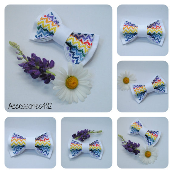 Mariage - Embroidered rainbow chevron bowtie For groom gift White pretied bow tie Summer wedding Gift idea him Colorful bowtie Groomsmen bow ties Men