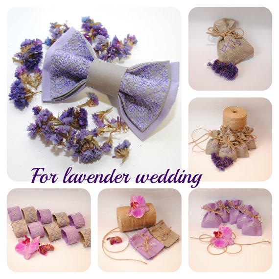 Wedding - Embroidered set for LAVENDER wedding Set of 1(one) bow tie, 10 favor bags, 10 napkin rings Linen Grey Lilac Made to order in any colors