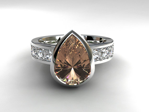 زفاف - Pear cut morganite engagement ring, white sapphire ring, bezel engagement, solitaire, white gold, yellow gold, rose gold, peach morganite