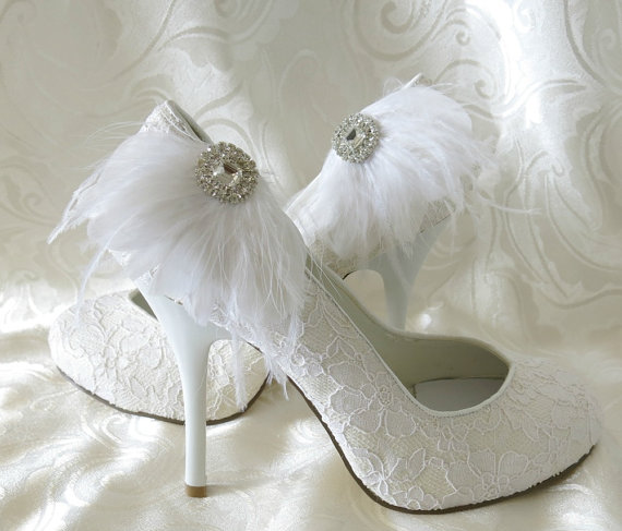 Wedding - Bridal Feathered Feather Shoe Clips Rhinestone Accents White  Set of 2