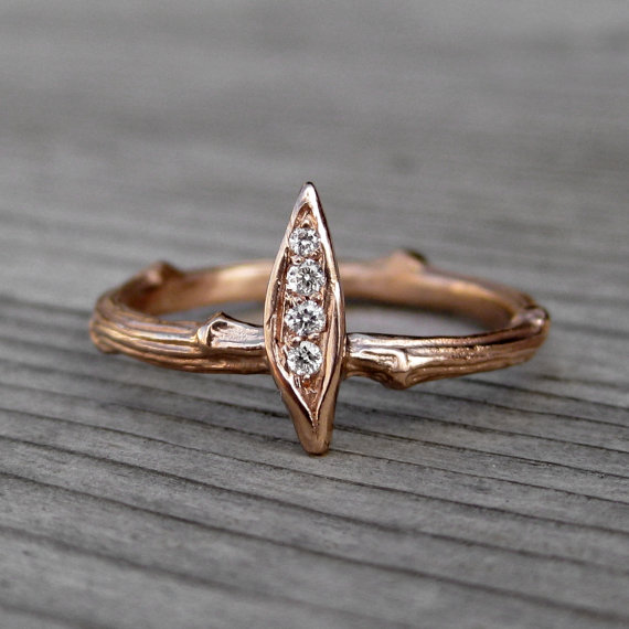 Hochzeit - Diamond Twig & Leaf Engagement Ring: White, Yellow, or Rose Gold; 14k or 18k