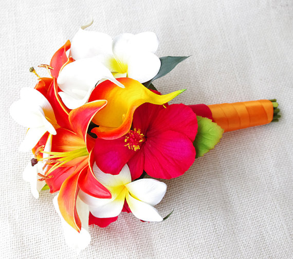Hochzeit - Natural Touch Silk Wedding Bouquet - Red and Orange Lilies, Callas, Plumerias and Hibiscus - Almost Fresh