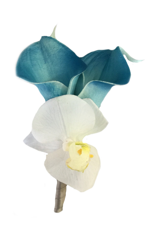 Wedding - Calla lily Orchid boutonniere-Real touch Turquoise Calla lily with Orchid