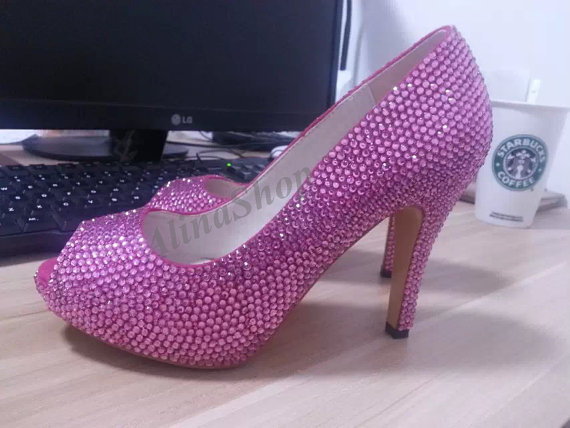 زفاف - hot pink Wedding Shoes sparkle bridal shoes heels open toe prom shoes bridal heels wedding shoes heels custom crystals color shoes heels
