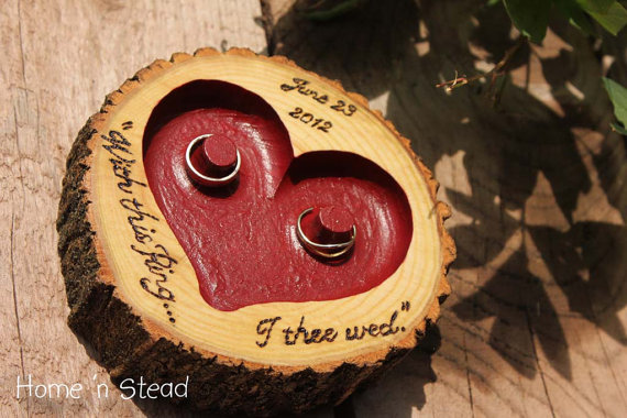 Свадьба - CHOOSE YOUR OWN Color and Lettering Rustic Wedding Ring "Pillow" Log Ring Dish Engraved Heart