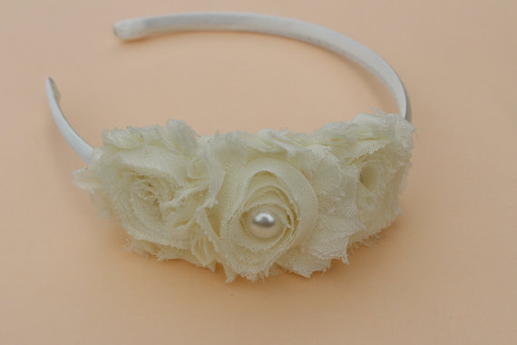 Hochzeit - Ivory headband plastic cream flower girl headband ivory wedding headband Easter toddler headband ivory hair accessory shabby flowers