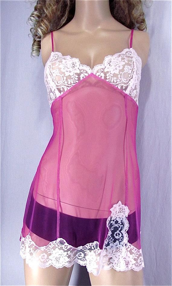 Hochzeit - Victoria's Secret Baby Doll Nightie MEDIUM Upcycled Lingerie Beaded Bust Hand Dyed Pink Sheer Teddy Lingerie Bridal Teddie White Lace Sexy