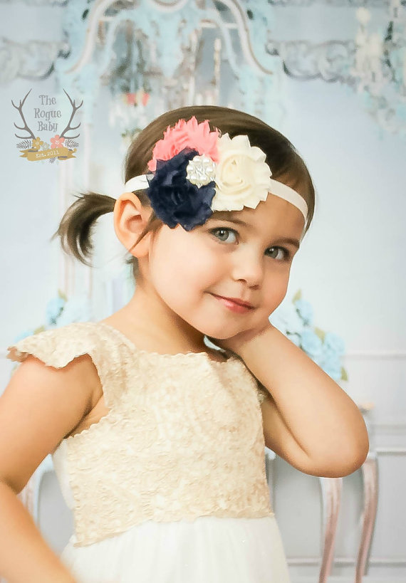 Свадьба - Navy, Coral, and Cream/Ivory Headband with Pearl Rhinestone Center - Flower Girl - Wedding - Baby Newborn - Photo Prop