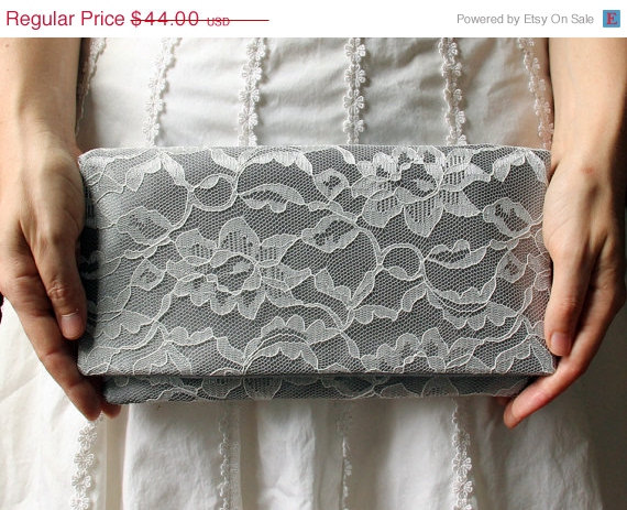 Свадьба - 15% off Sale The AMELIA CLUTCH - Silver Satin and Ivory Lace Clutch - Wedding Clutch Purse - Bridesmaid Bag