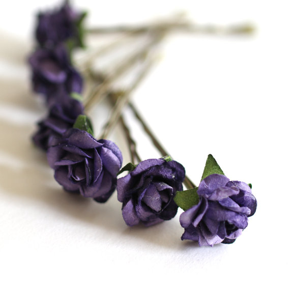 زفاف - Bridal Hair Accessories, Bridesmaid Hair Flower, Bohemian Wedding, Purple Flower, Brass Bobby Pin - Set of 6