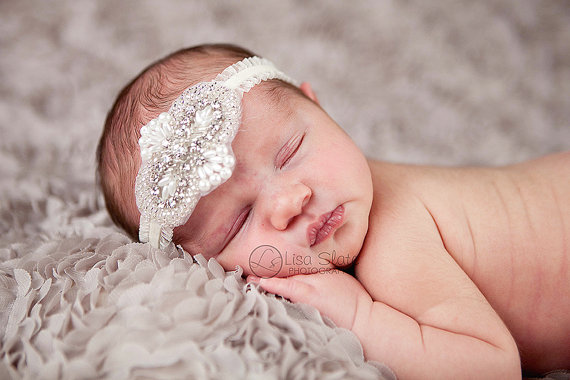 Свадьба - Vintage headband, Baby headband, newborn headband, Baptism, adult headband, garter wedding belt, photo prop Rhinestones and pearls headband