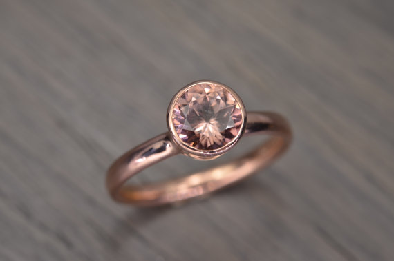 Wedding - Zircon Rose Peach Pink Rold Ring, 1.25ct round engagement ring, solid 14k rose gold bezel - Blaze Solitaire