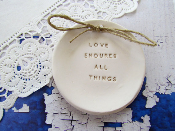 Mariage - Ring bearer pillow alternative, Ring pillow alternative,  Love endures all things Wedding ring bearer Ring dish Ceramic ring dish