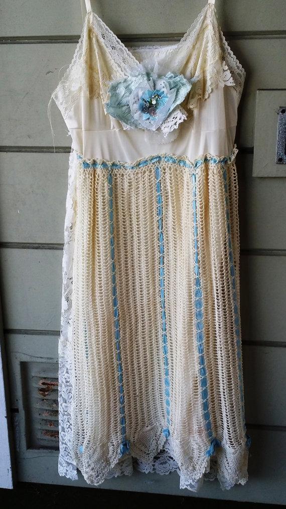 Свадьба - Vintage eco friendly alternative wedding or special occasion dress with lace and crochet embellishments, size small/medium