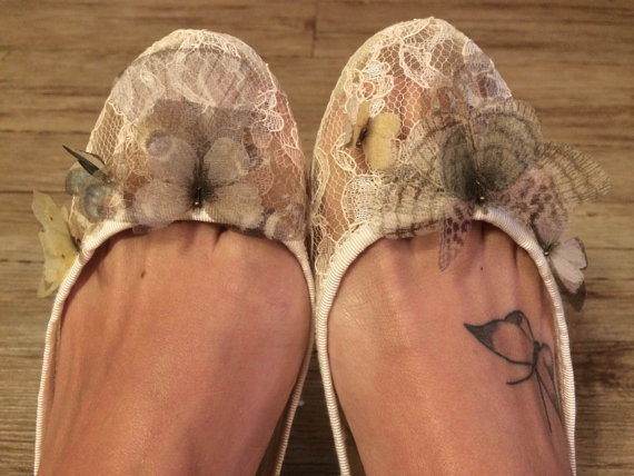 Wedding - Ivory Lace Flat Shoes with Silk Organza Butterflies and Wings - One of a Kind - Size IT39  UK6  US8.5