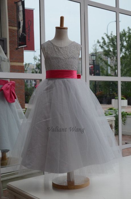 Mariage - Grey Lace Flower Girl Dress Pink Sash Wedding Baby Girls Dress Tulle Rustic Baby Birthday Dress