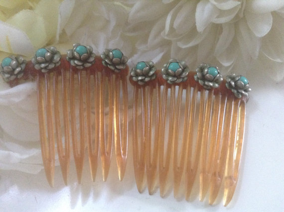 Свадьба - Vintage Set Sterling Silver & Turquoise Hair Combs Two Pieces 20s Bridal Accessory Hair Flower Veil Blue Silver Wedding Hair  Jewelry Gift