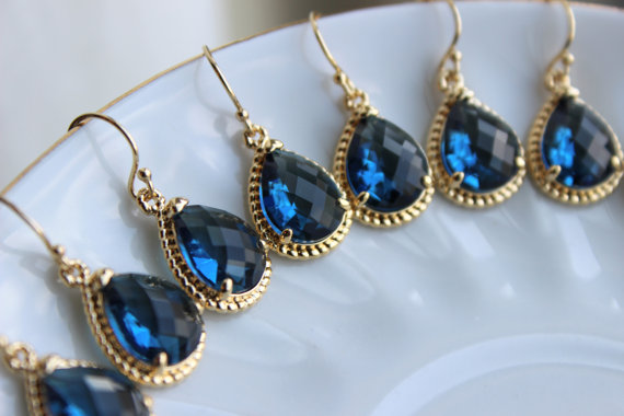 زفاف - 10% OFF SET OF 4 Wedding Jewelry Bridesmaid Earrings Bridesmaid Jewelry - Sapphire Earrings Gold Navy Blue Teardrop - Navy Bridal Earring