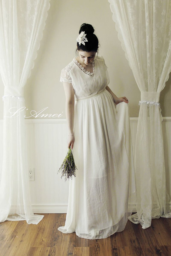 Mariage - Custom Silk chiffon beach wedding dress with lace back and cap Sleeve - AM 19826817 - Alice in the Garden