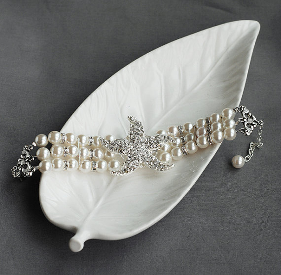 Hochzeit - Bridal Pearl Rhinestone Bracelet Triple Strand STARFISH Crystal Beach Wedding Jewelry White Ivory Teal BL041LX