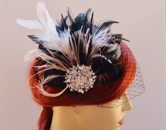 زفاف - MADE TO ORDER, Blush and Black Fascinator, Black Birdcage veil, Blush and Black feathers, Art deco headpiece, Bridal, 1920s veil set, black