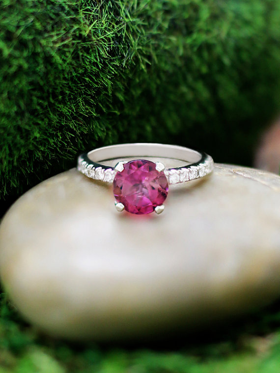 Wedding - Pink Tourmaline, Solid White Gold Engagement Ring (Free Shipping)