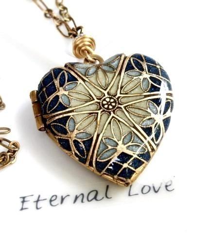 Mariage - Heart Locket Blue Locket Wedding Necklace Something Blue Jewelry Bridal Gift Bridesmaid Gift Filigree Locket Women's Jewelry Gift For Her