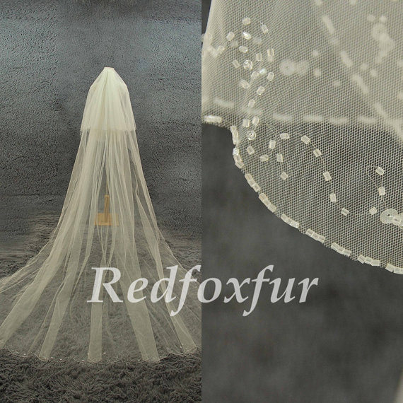 Hochzeit - Ivory Bridal Veil Hand-beaded 2T Cathedral Veil Crescent edge Wedding dress Veil 3m length Veil Wedding Accessories With comb