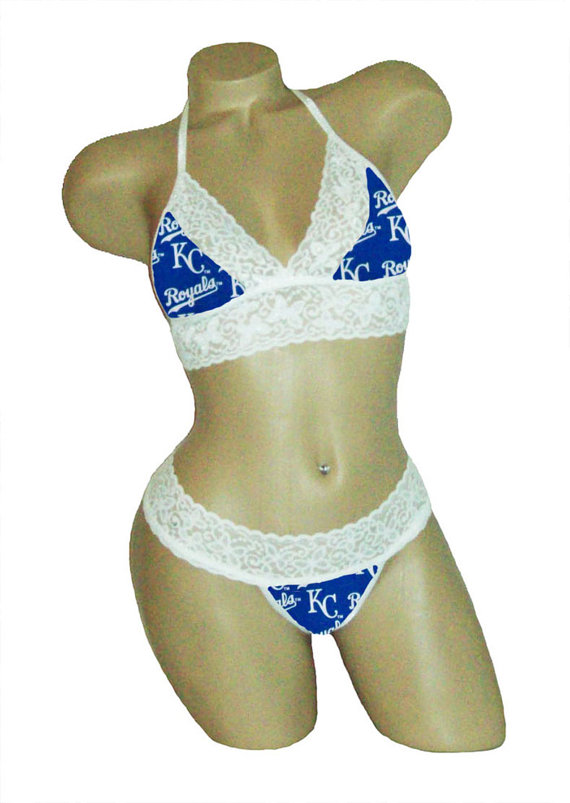 Hochzeit - Sexy Kansas City Royals Lingerie White Lace Cami Bralette Top and Matching G-String Panty Thong CUSTOM Sizing