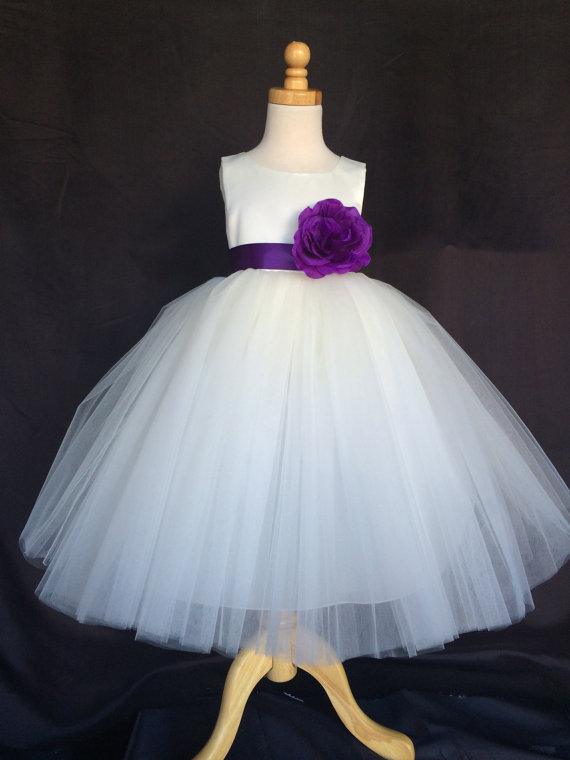 Wedding - Ivory Wedding Bridal Bridesmaids Tulle Flower Girl dress Toddler 9 12 18 24 Months 2 4 6 8 10 12 14 Sash Color 24