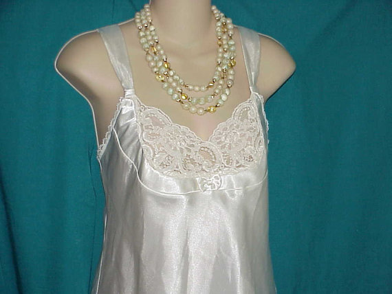 زفاف - Vintage Couture Halston Creamy White Slip Dress Lace Embellishment