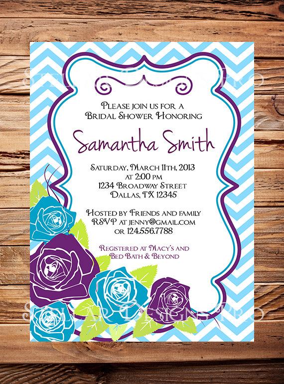 Свадьба - Roses Bridal shower Invitation,Purple, Blue Roses, Wedding Shower, Light Blue, Purple, Pink, Light Green, Yellow, hevron Stripes - Item 1096