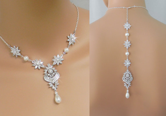 Hochzeit - Bridal Necklace, Backdrop Wedding Necklace, Swarovski Pearls, Sterling Silver Bridal Jewelry SET, Livvy Backdrop Necklace