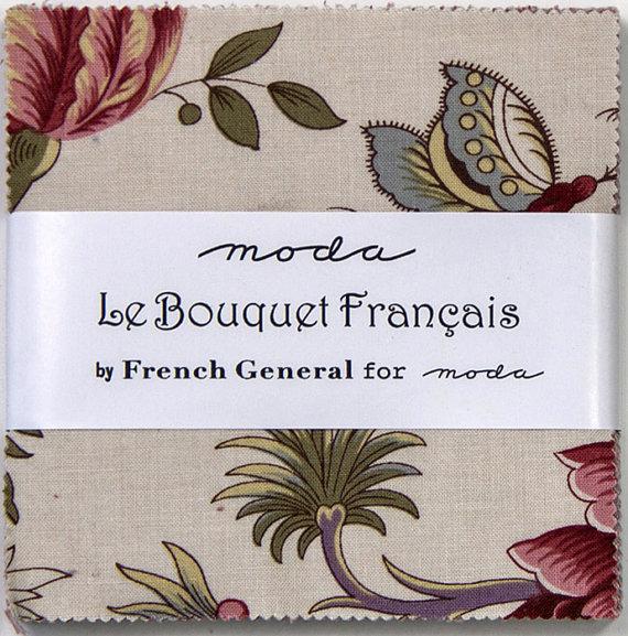 Wedding - Sale 25 Off Le BOUQUET FRANCAIS 3 charm packs Moda French General quilt fabric squares romantic shabby chic Kaari Meng grey woad blue red