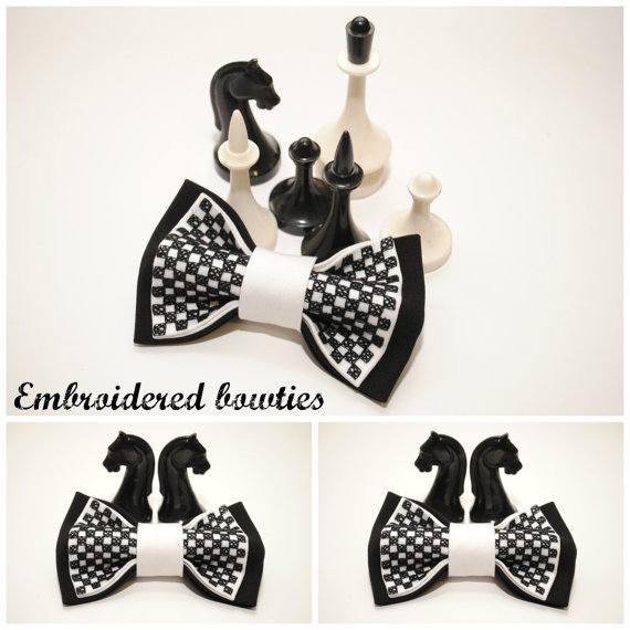 Wedding - Black white chess bow tie Gift ideas for him Groomsman bow tie Gifts for boyfriend Men's bowties Embroidered bow ties Unisex bow tie
