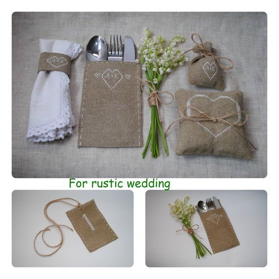 زفاف - PERSONALIZED set Embroidered set for rustic wedding 10 cutlery holders 10 favor bags 10 napkin rings Table number Ring pillow Made to order