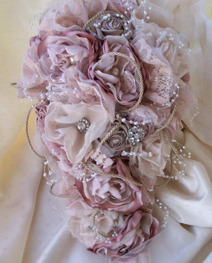 Wedding - Bouquet/Fabric Bouquet/Vintage Styled Shabby Chic Fabric Wedding Bouquet/Teardrop Bridal Bouquet With Pearls And Rhinestones