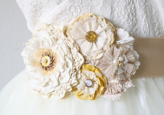 Hochzeit - Floral Wedding Sash - Sunshine Yellow and Ivory White