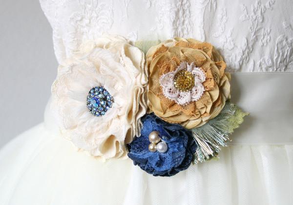 Wedding - Floral Wedding Dress Belt - Ivory, Blue and Golden Yellow Fabric Flowers