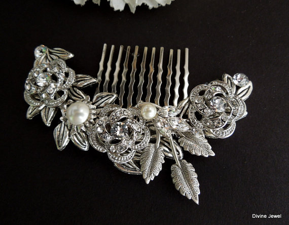 زفاف - Vintage Style Flower and Leaf Rhinestone Bridal Hair Comb,Pearl Rhinestone Hair Comb,Wedding pearl Hair Comb Ivory or White Pearls,ROSELANI