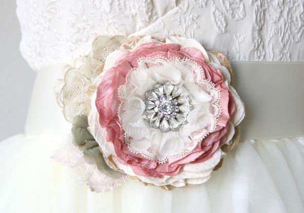 Wedding - Floral Wedding Gown Sash with Vintage Rhinestone Brooch - Pink, Ivory