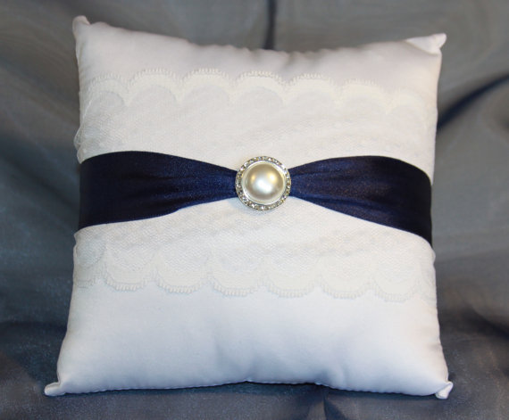 Wedding - Navy Ring Bearer Pillow, Satin Ring Bearer Pillow, Bridal Accessory, Wedding Accessory, Black/ White Ring Pillow, Your Choice Ribbon Color