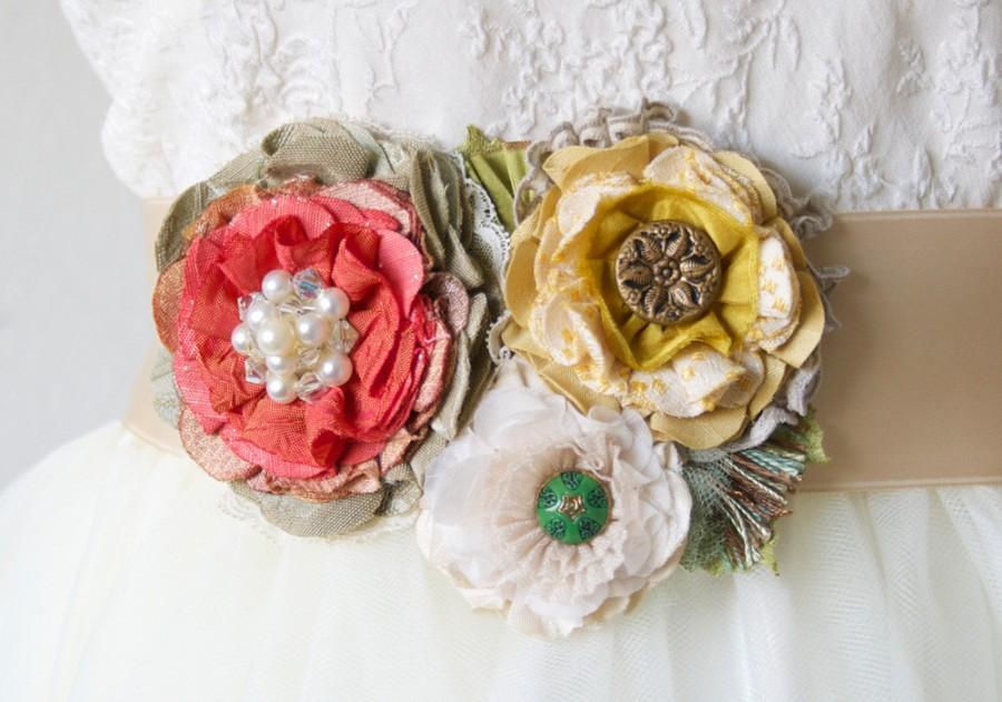 زفاف - Bride Sash with Colorful Flowers - Ivory, Coral, Yellow, and Green