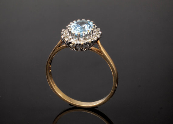 Wedding - Blue Topaz Diamond Ring - Vintage Engagement Ring, Size 8