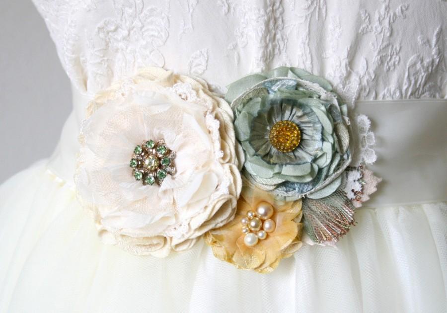 Hochzeit - Floral Bridal Sash - Ivory, Teal and Yellow Fabric Flowers