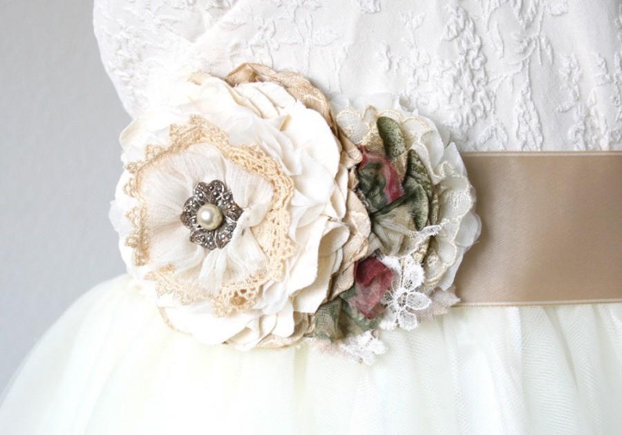 Wedding - Vintage Style Wedding Dress Sash - Ivory, Cream and Burgundy Flowers