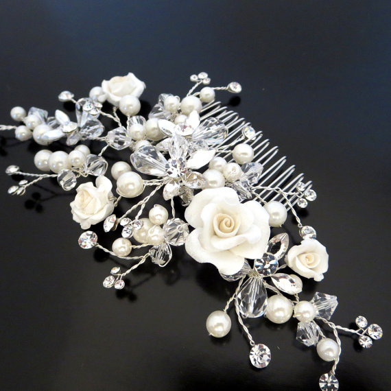 زفاف - Wedding flower hair comb, Bridal flower hair accessory, Flower comb, Bridal flower headpiece