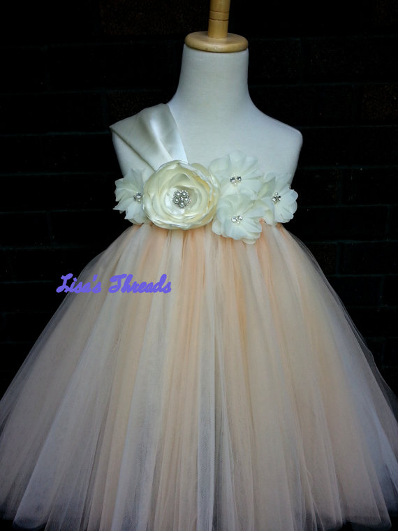 زفاف - Ivory & Chanpagne Flower girl dress/ Junior bridesmaids dress/ Flower girl pixie tutu dress/ Rhinestone tulle dress
